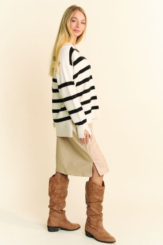 Davi & Dani High-Low Side Slit Striped Johnny Collar Sweater - Sydney So Sweet