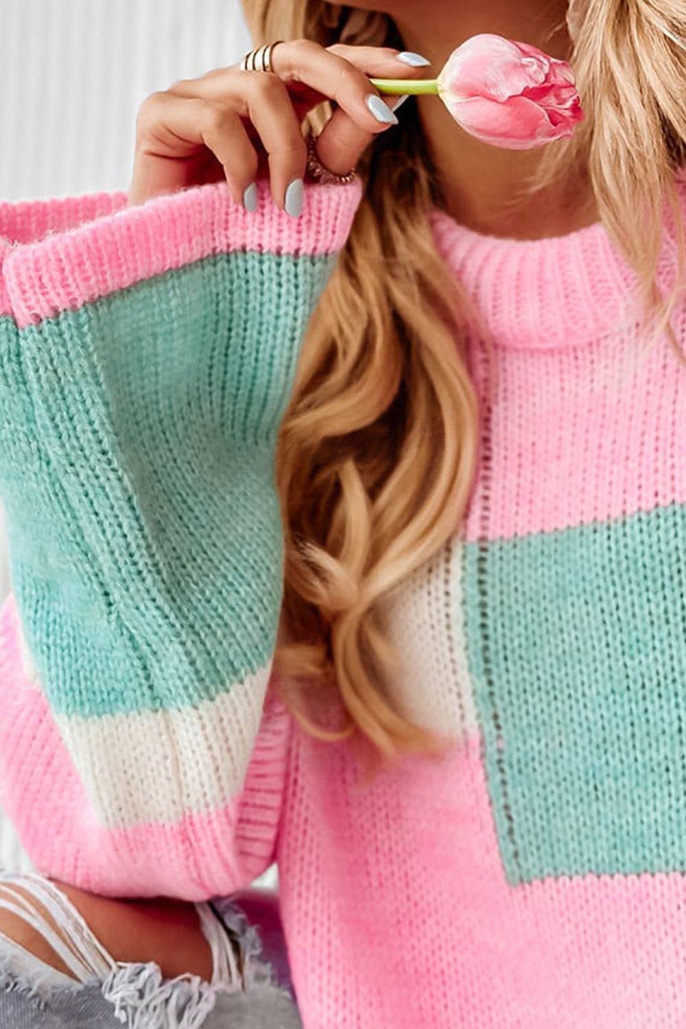 Color Block Round Neck Drop Shoulder Sweater - Sydney So Sweet