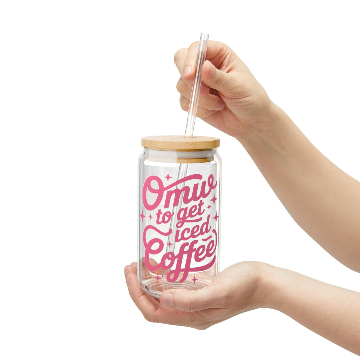 OMW to Get Iced Coffee Retro Pink Script Sipper Glass 16oz Reusable Drink Jar with Lid & Straw