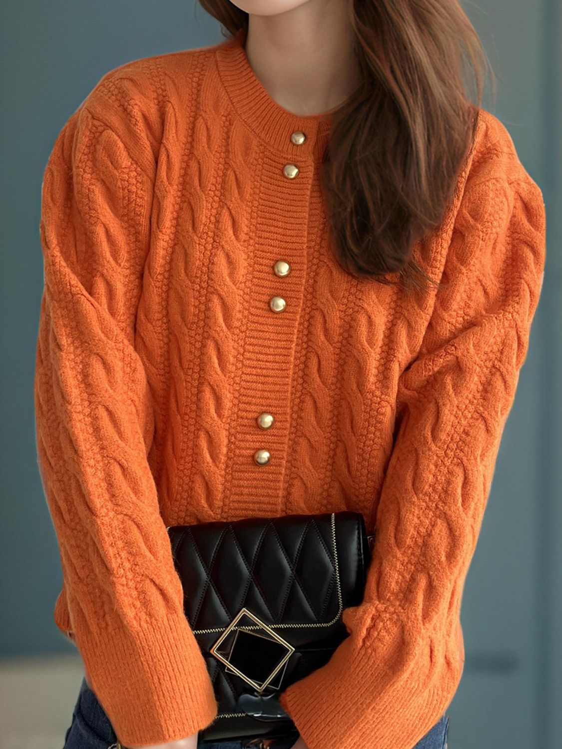 Cable-Knit Round Neck Long Sleeve Cardigan - Sydney So Sweet