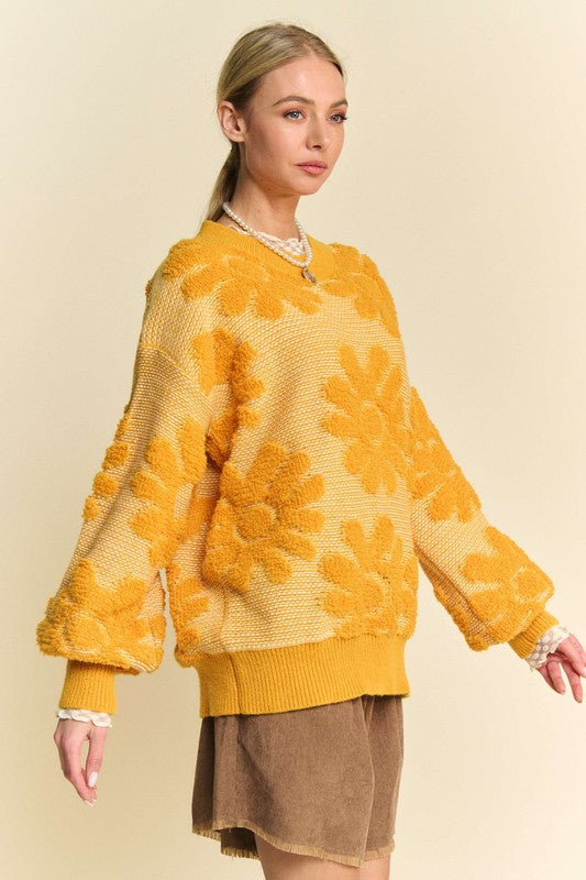 Davi & Dani Flower Texture Round Neck Dropped Shoulder Sweater - Sydney So Sweet