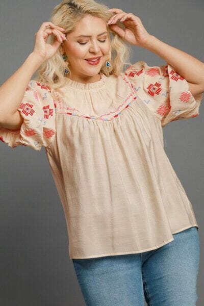 Umgee Full Size Embroidered Puff Sleeve Mock Neck Top Plus Size - Sydney So Sweet