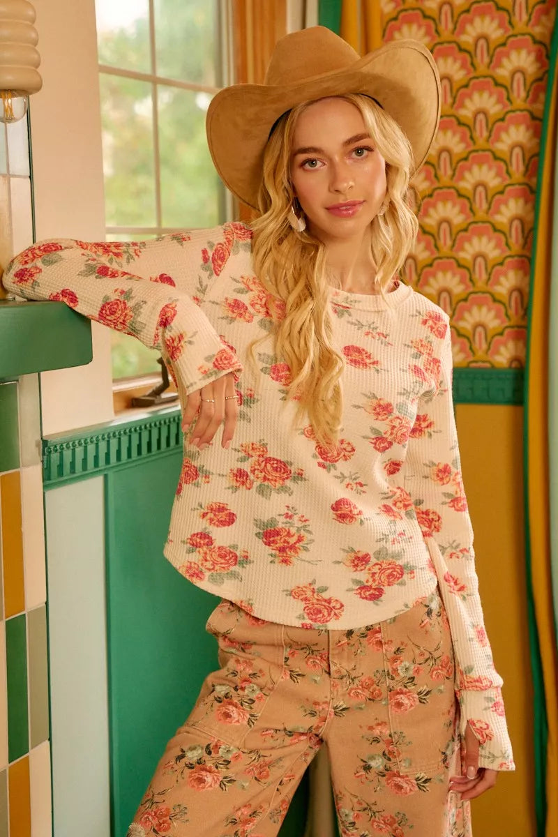 BiBi Floral Print Washed Waffle Thermal Top With Thumb - Sydney So Sweet