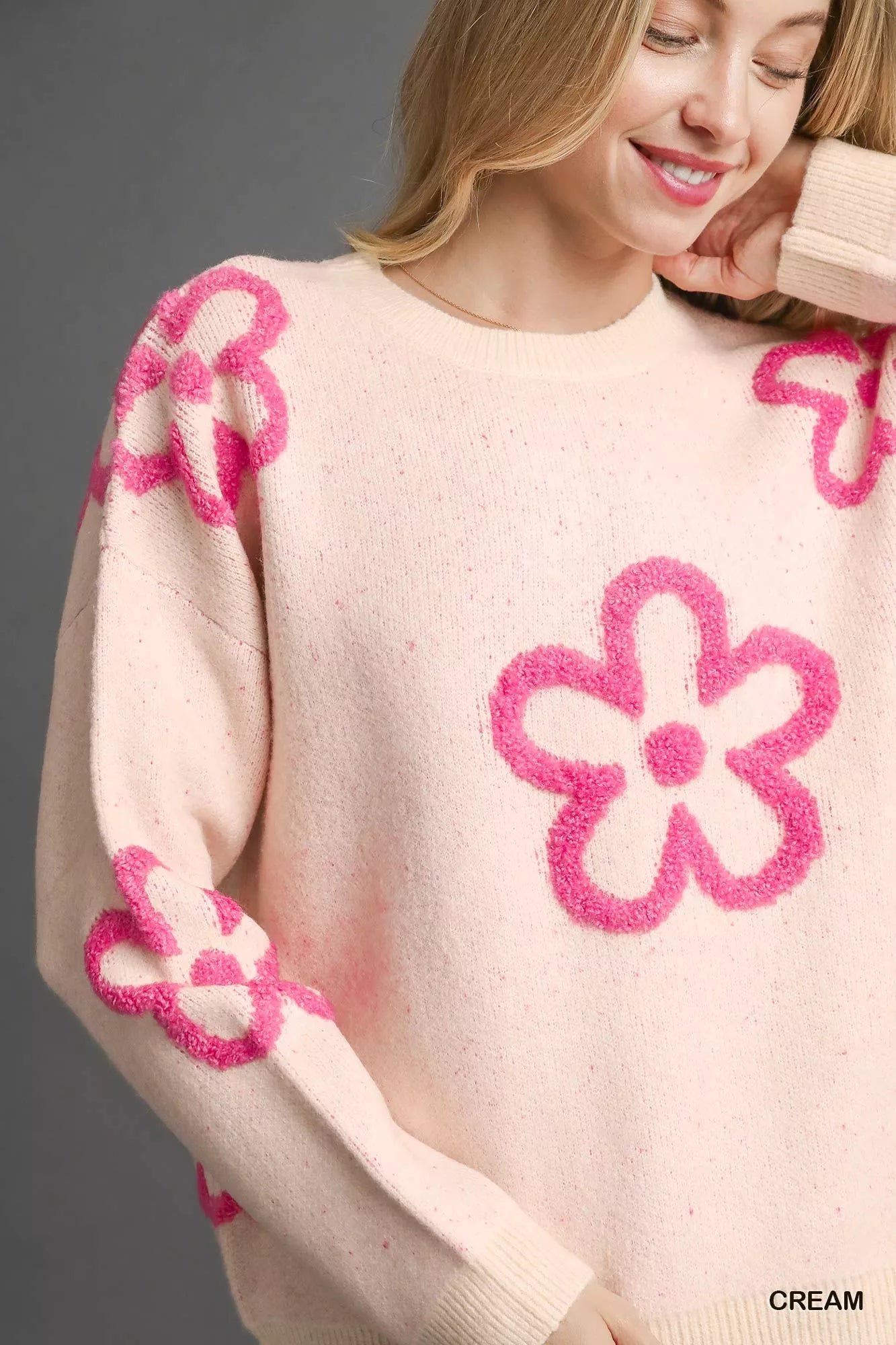 Umgee Round Neck Sweater with Pink Floral Accents - Sydney So Sweet