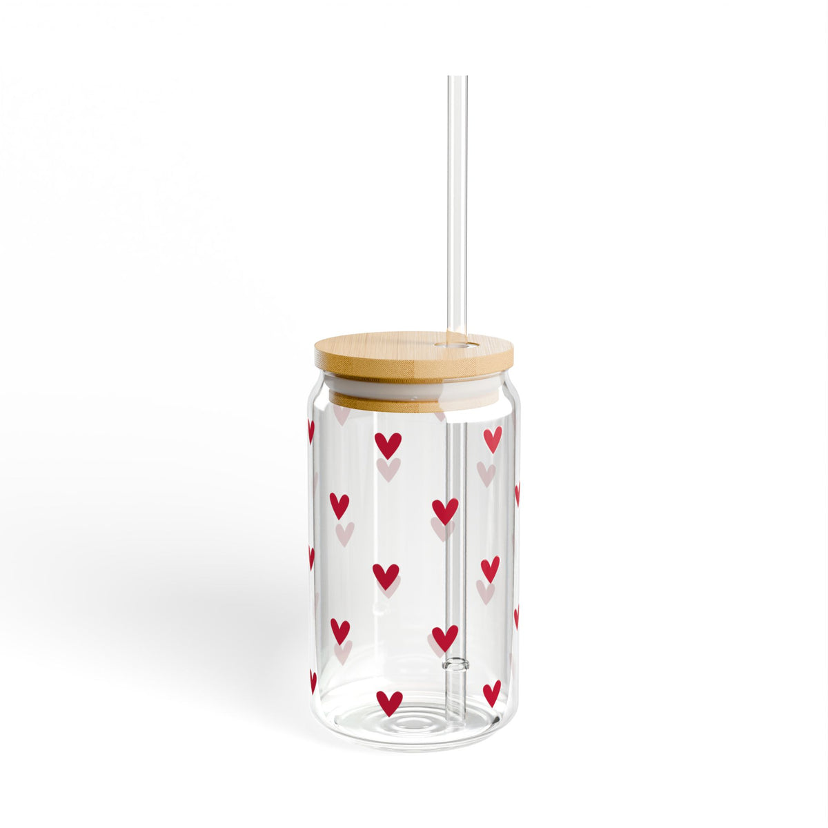 Mini Hearts Red Sipper Glass 16oz — Reusable Drink Jar with Lid & Straw