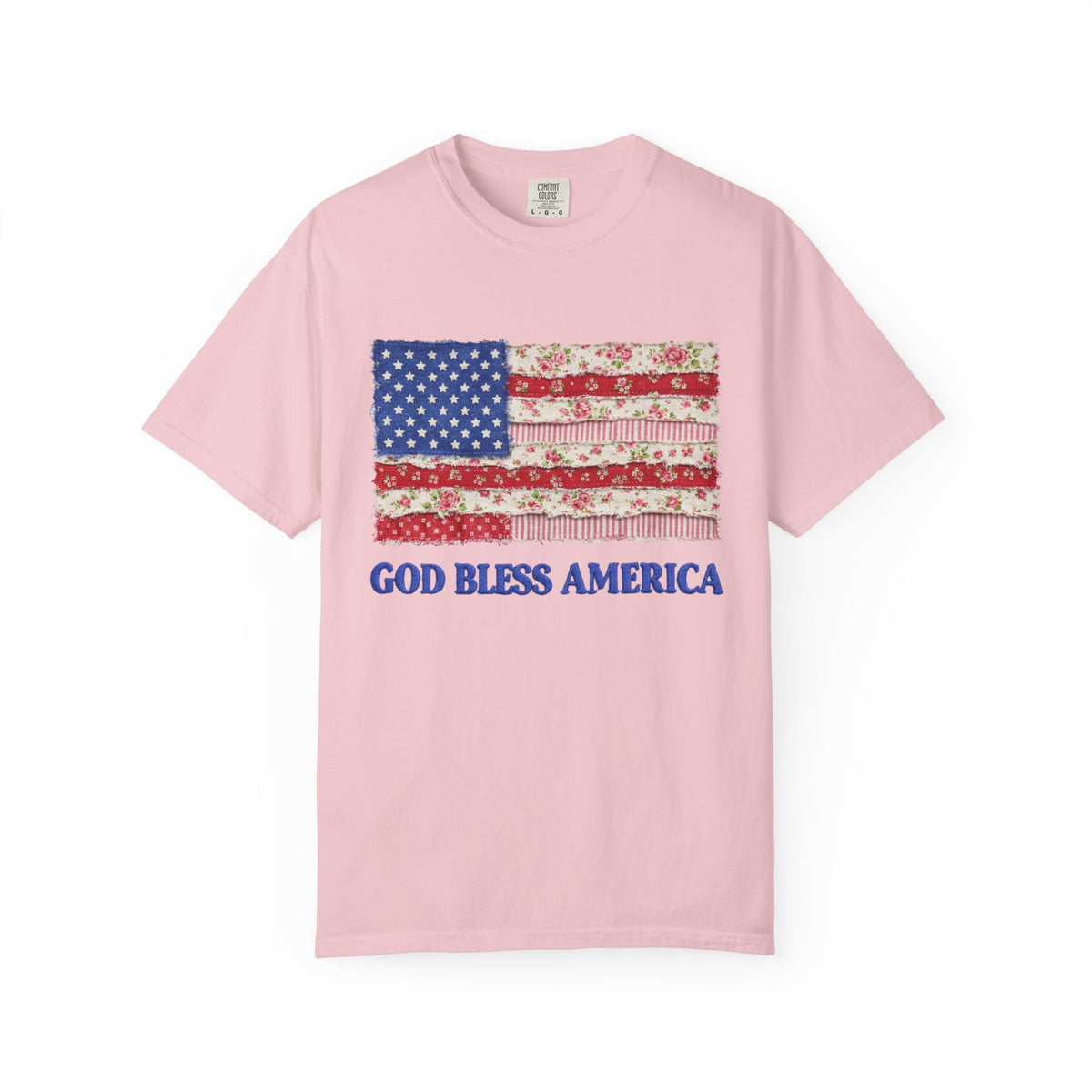 God Bless America Faux Fabric Flag T-Shirt Patriotic Graphic Tee