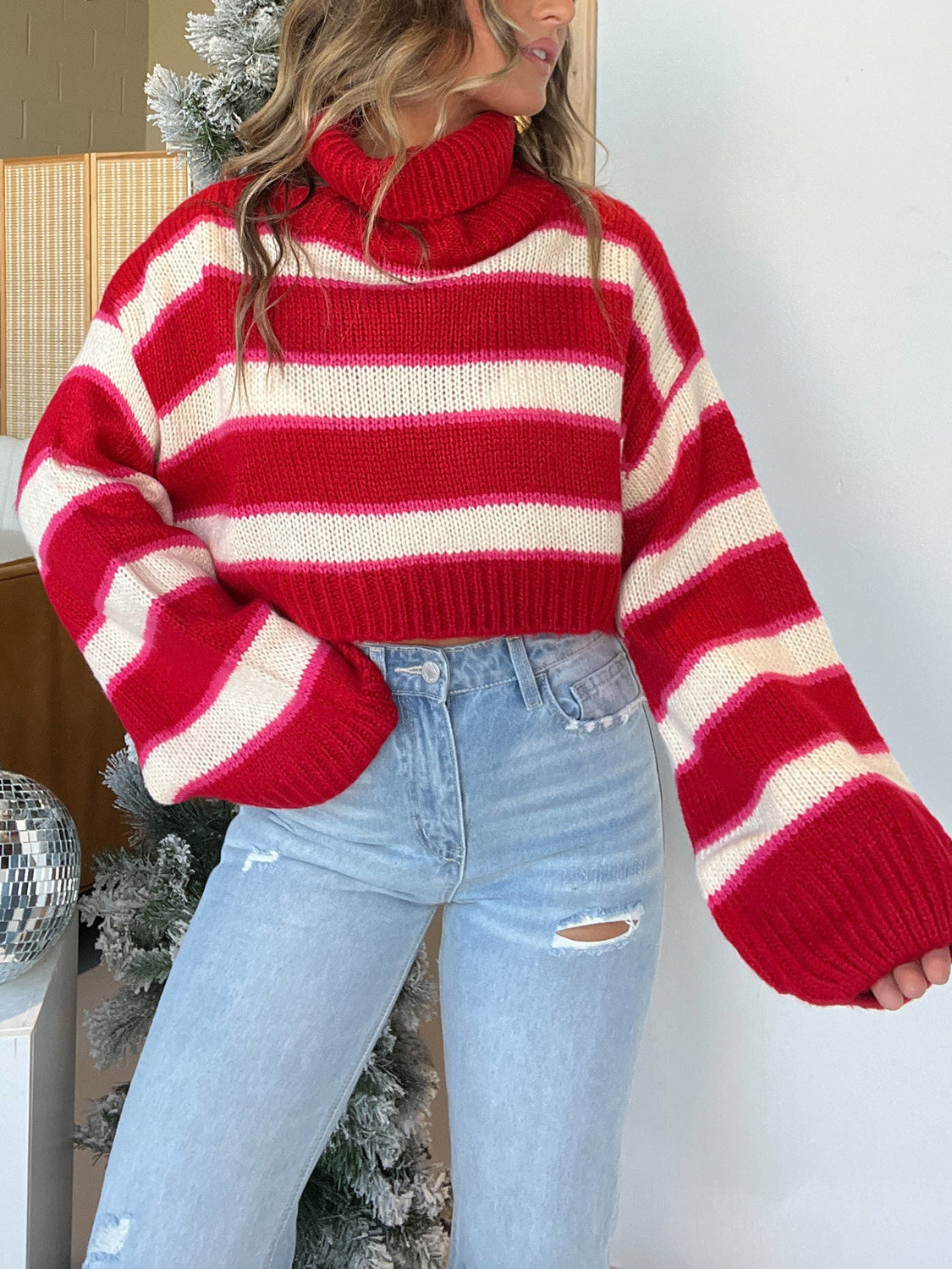 Striped Turtleneck Long Sleeve Cropped Sweater - Sydney So Sweet