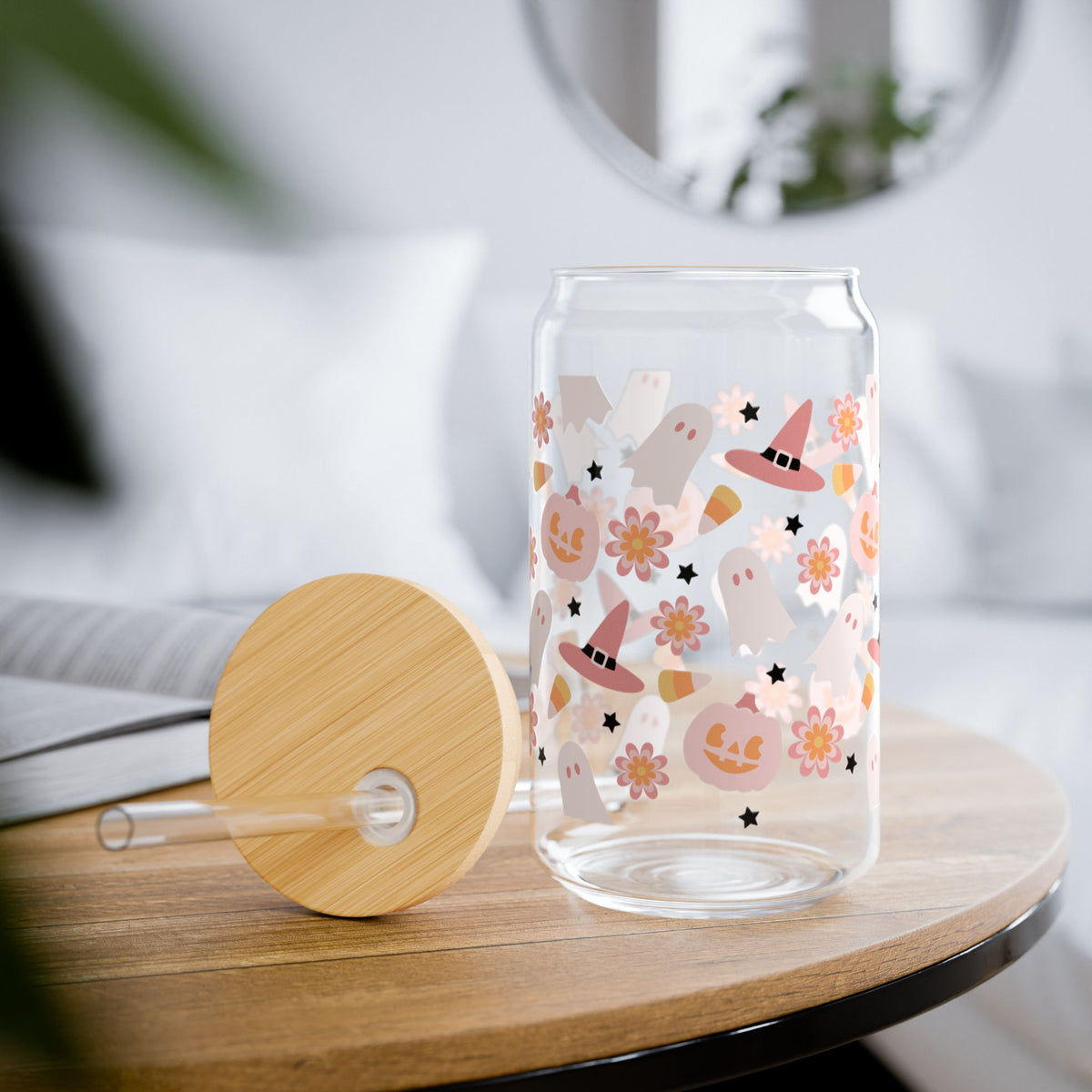 Spooky Season Halloween Sipper Glass 16oz Reusable Drink Jar with Lid & Straw