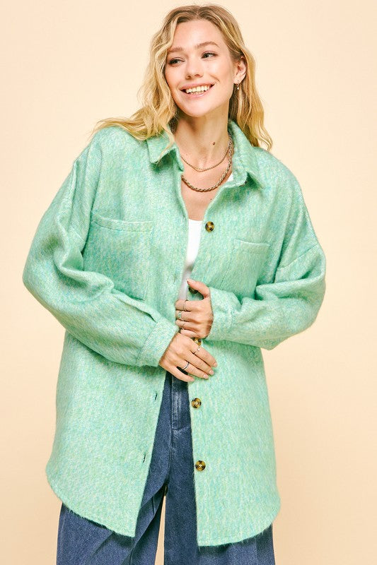 Davi &amp; Dani Curved Hem Heathered Dropped Shoulder Shacket - Sydney So Sweet