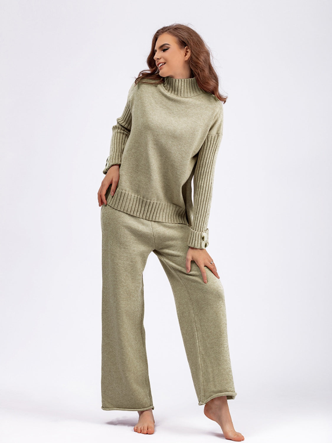 Basic Bae High- Low Turtleneck Long Sleeve Top and Pants Sweater Set - Sydney So Sweet