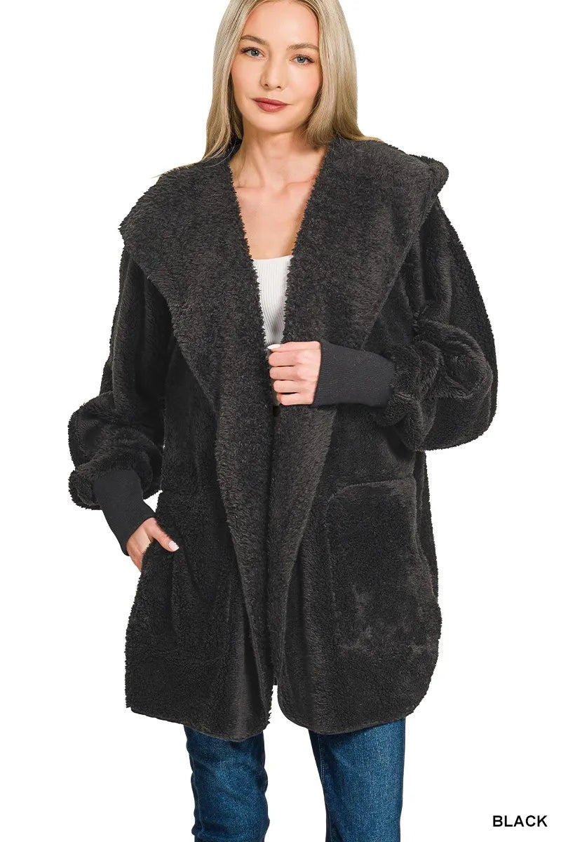 Zenana Hooded Faux Fur Jacket with Pockets - Sydney So Sweet