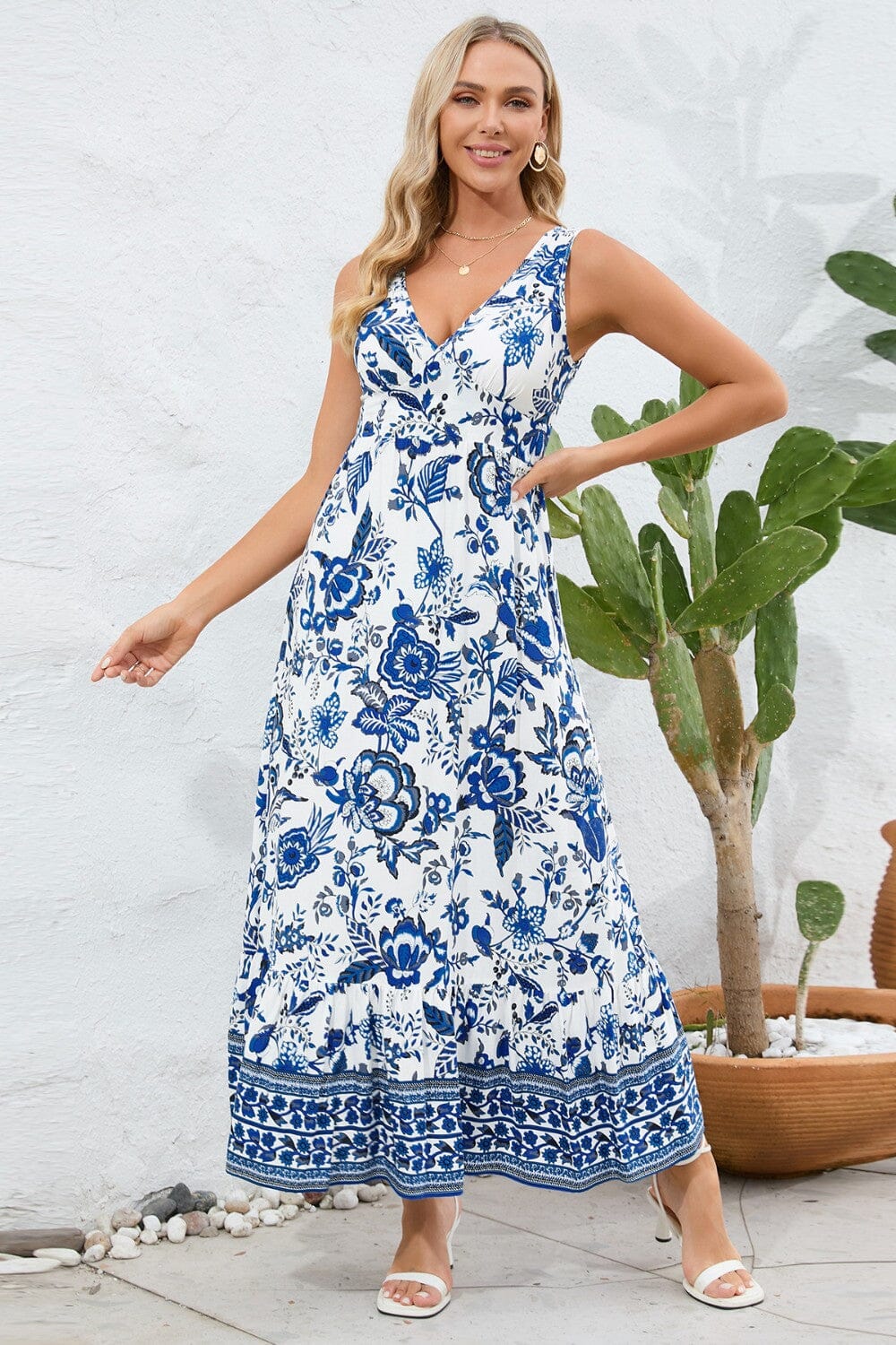 Printed V-Neck Wide Strap Dress - Sydney So Sweet