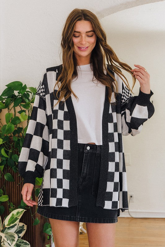 Annie Wear Checkered Open Front Drop Shoulder Cardigan - Sydney So Sweet