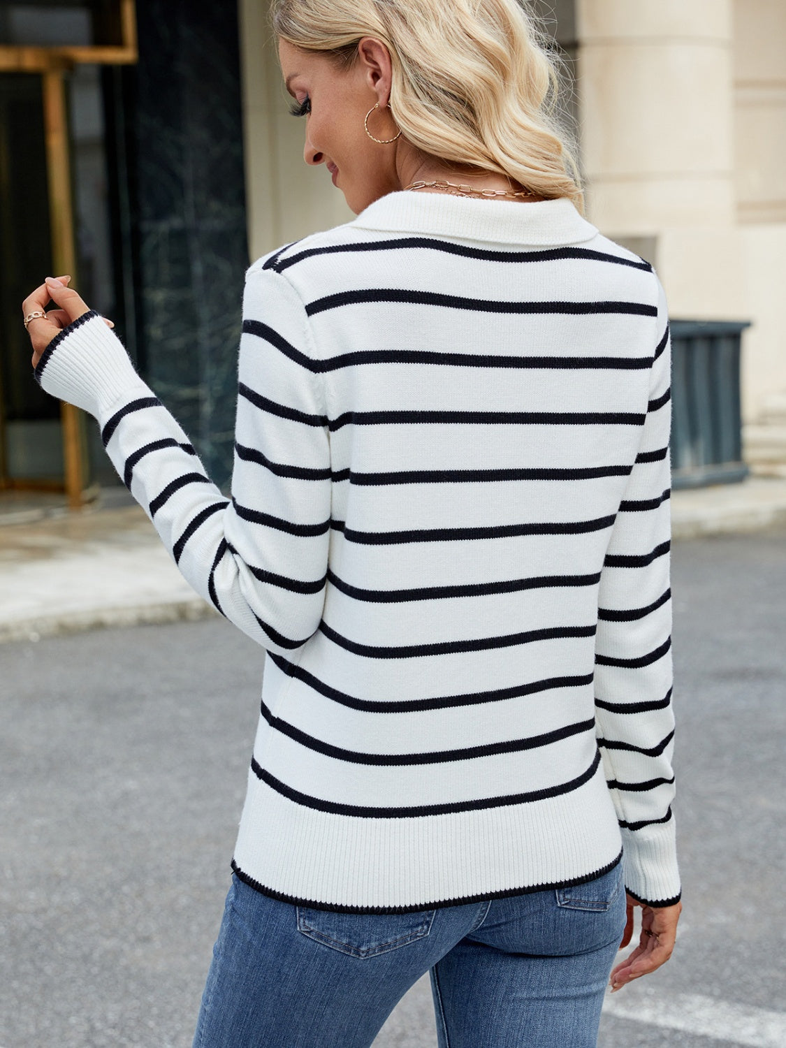 Striped Johnny Collar Long Sleeve Sweater - Sydney So Sweet