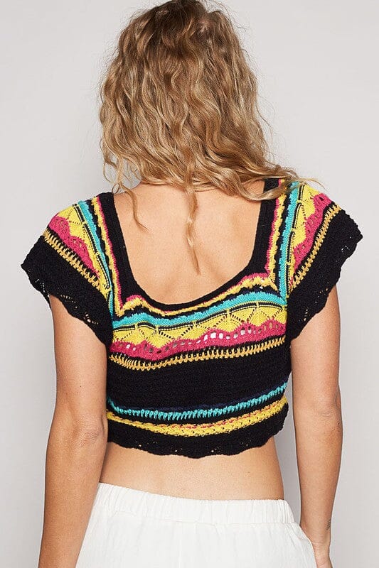 POL Openwork Ethnic Pattern Square Neck Cropped Knit Top - Sydney So Sweet