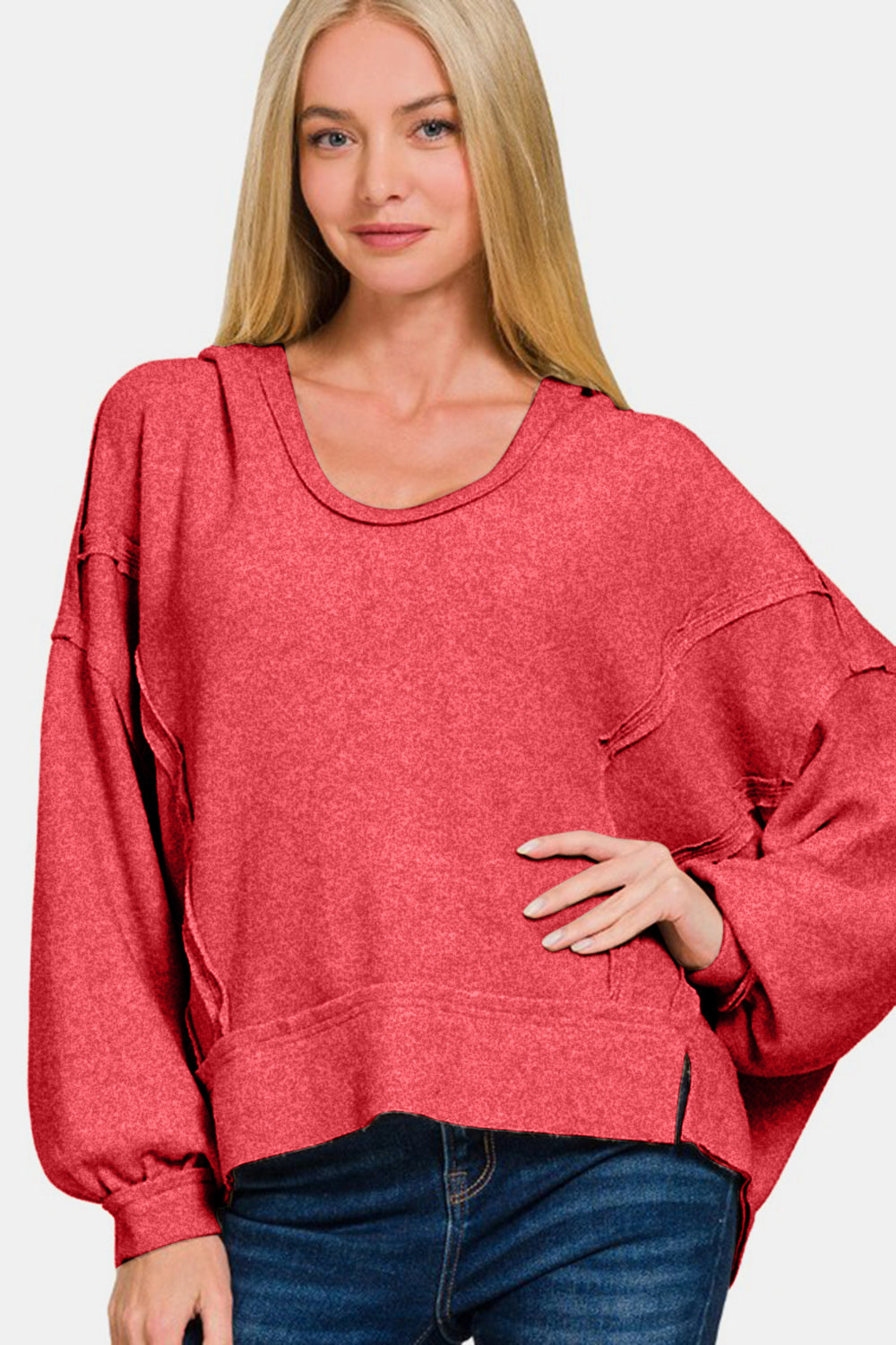 Zenana Brushed Hacci Exposed Seam Hoodie - Sydney So Sweet