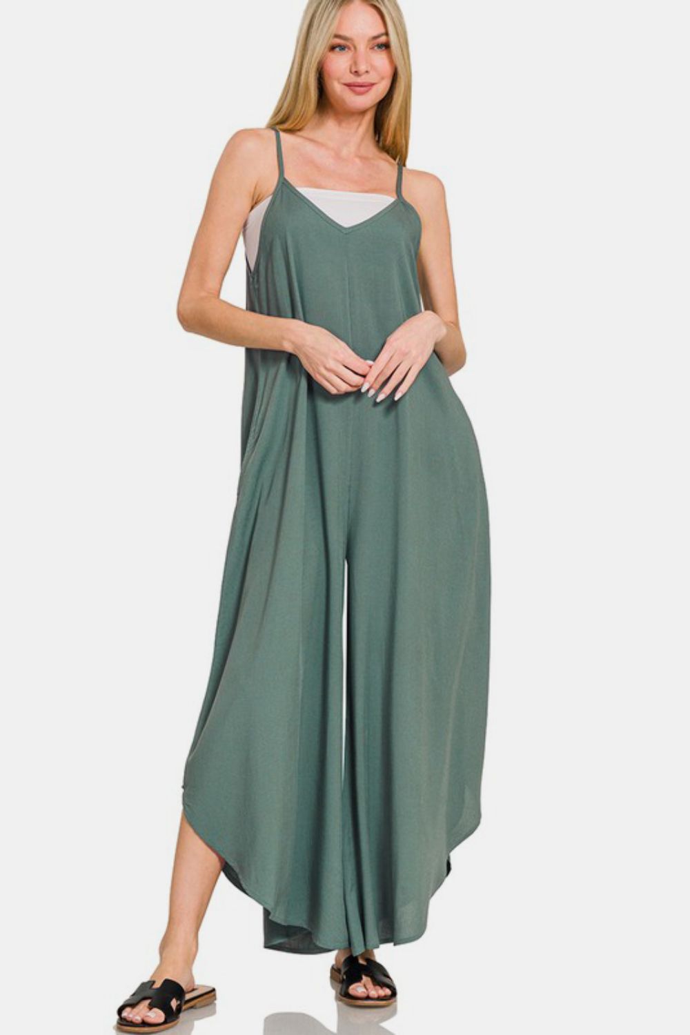 Zenana Sleeveless Curved Hem Wide Leg Overalls with Pockets - Sydney So Sweet