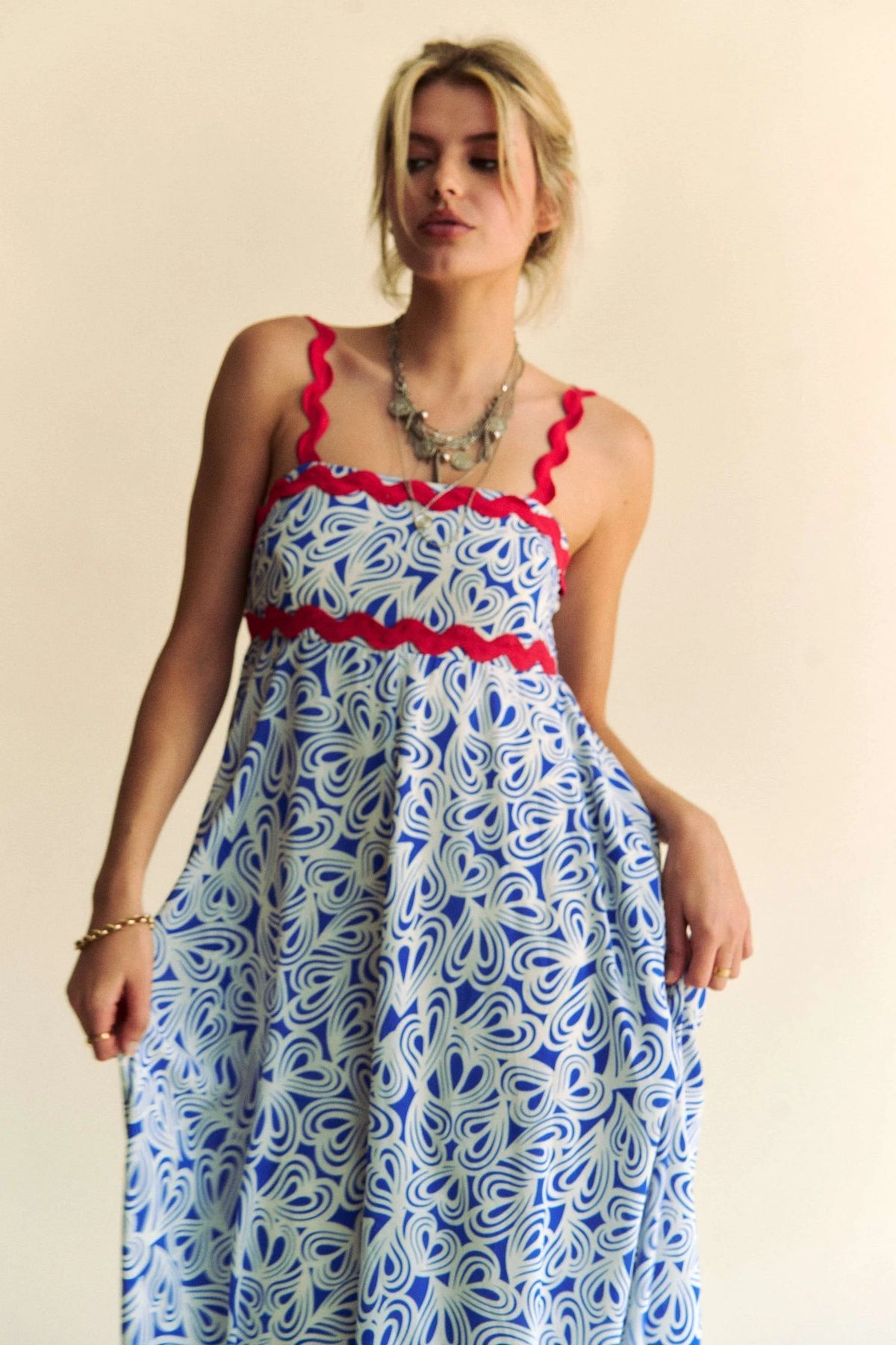 Davi & Dani Geo 2 Tone Printed Wavi Trim Tiered Maxi Dress - Sydney So Sweet