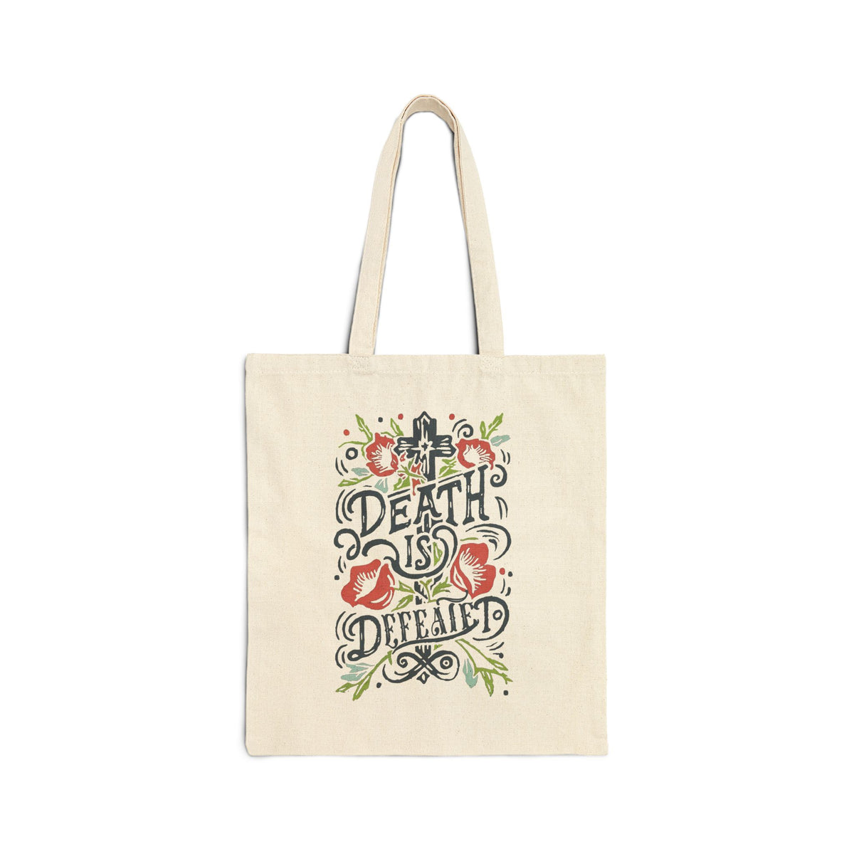 Death Is Defeated Floral Cross Christian Cotton Canvas Tote Bag
