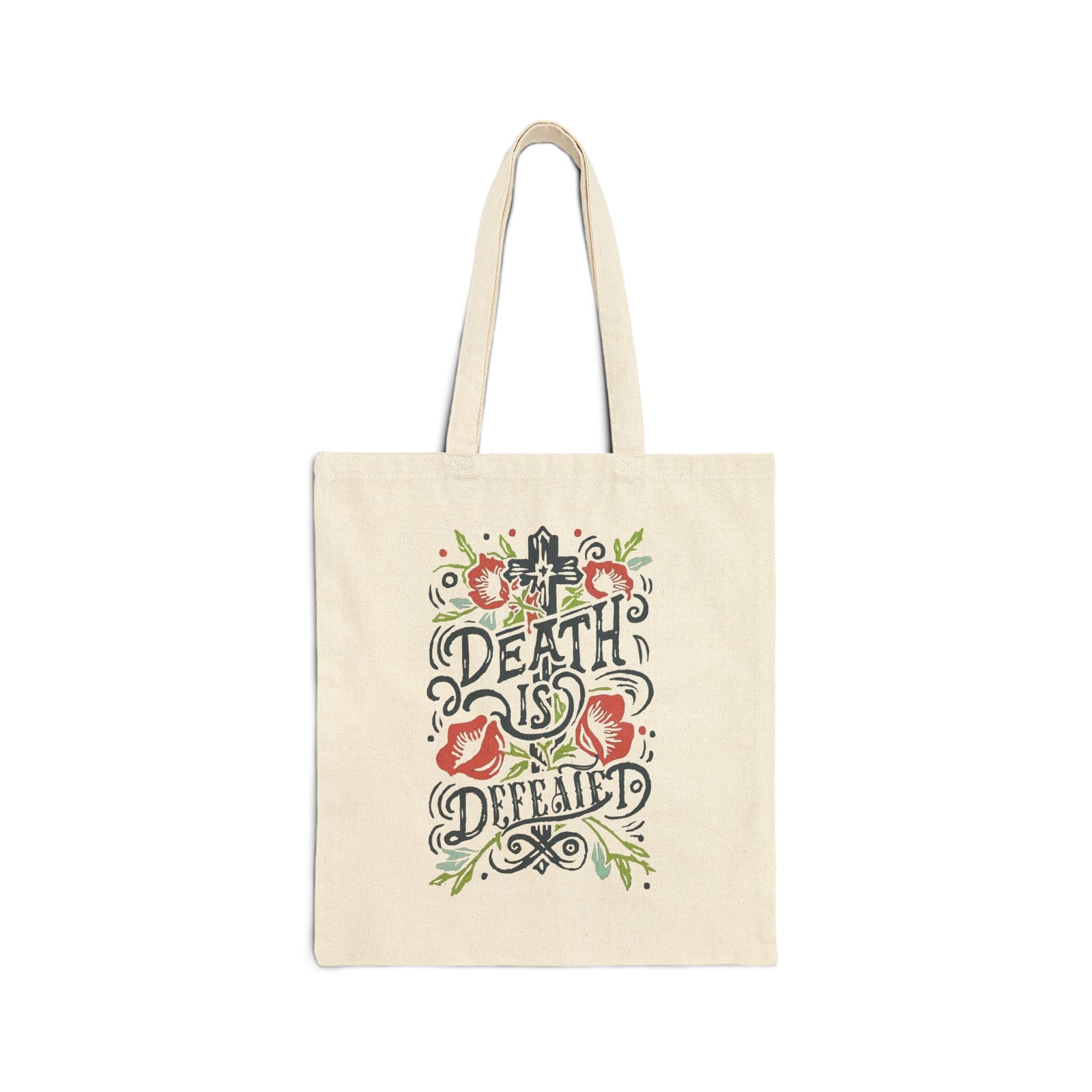Death Is Defeated Floral Cross Christian Cotton Canvas Tote Bag