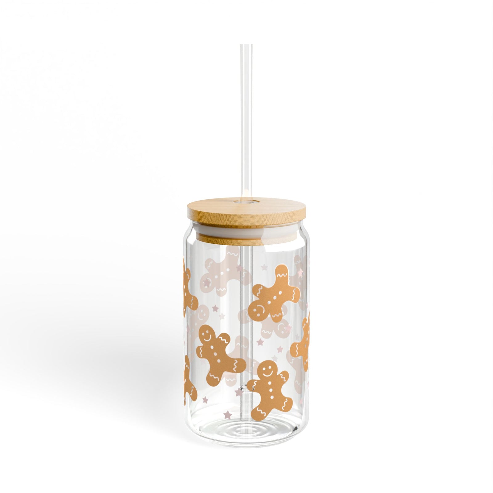 Christmas Gingerbread Cookies Sipper Glass 16oz Reusable Drink Jar with Lid & Straw