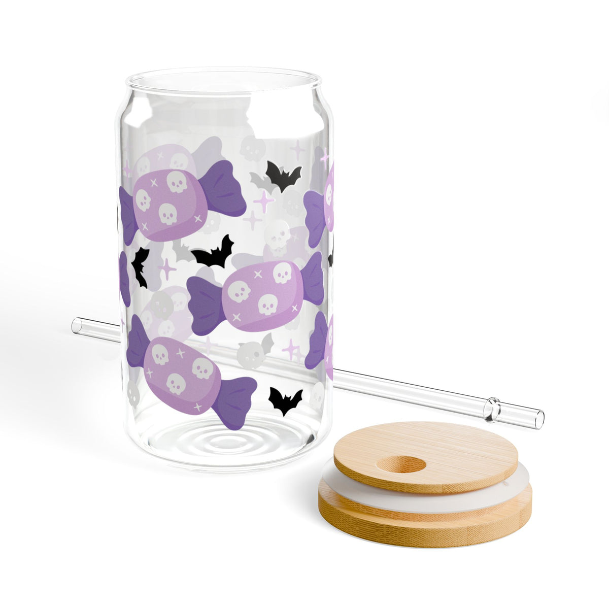 Skull Candy & Bats Halloween Sipper Glass 16oz Reusable Drink Jar with Lid & Straw