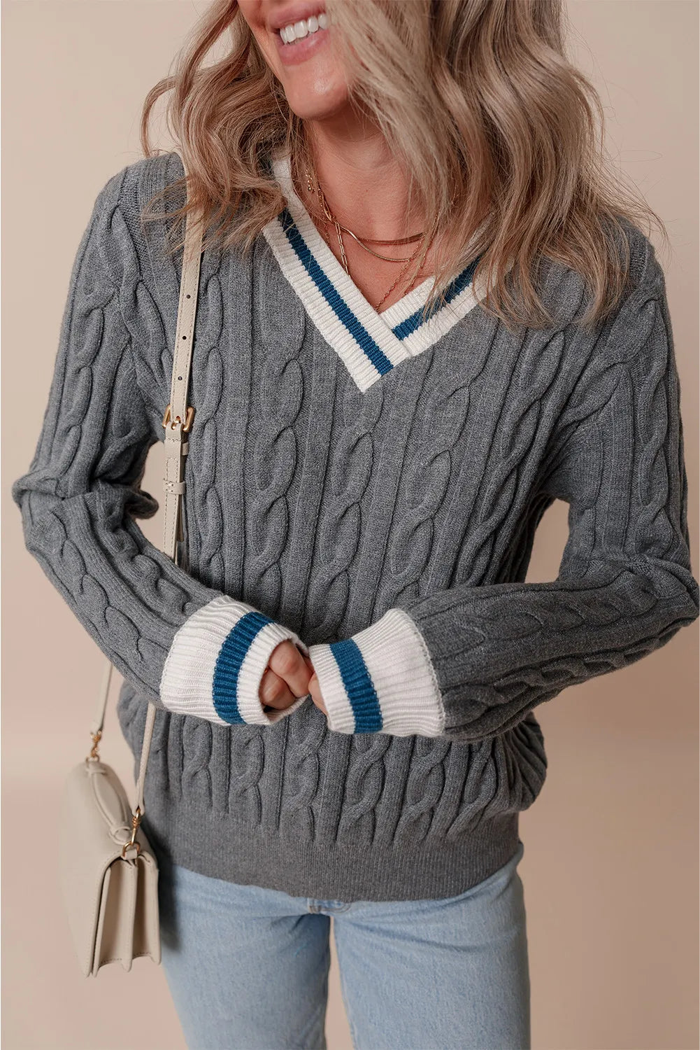 Cable-Knit V-Neck Long Sleeve Sweater - Sydney So Sweet