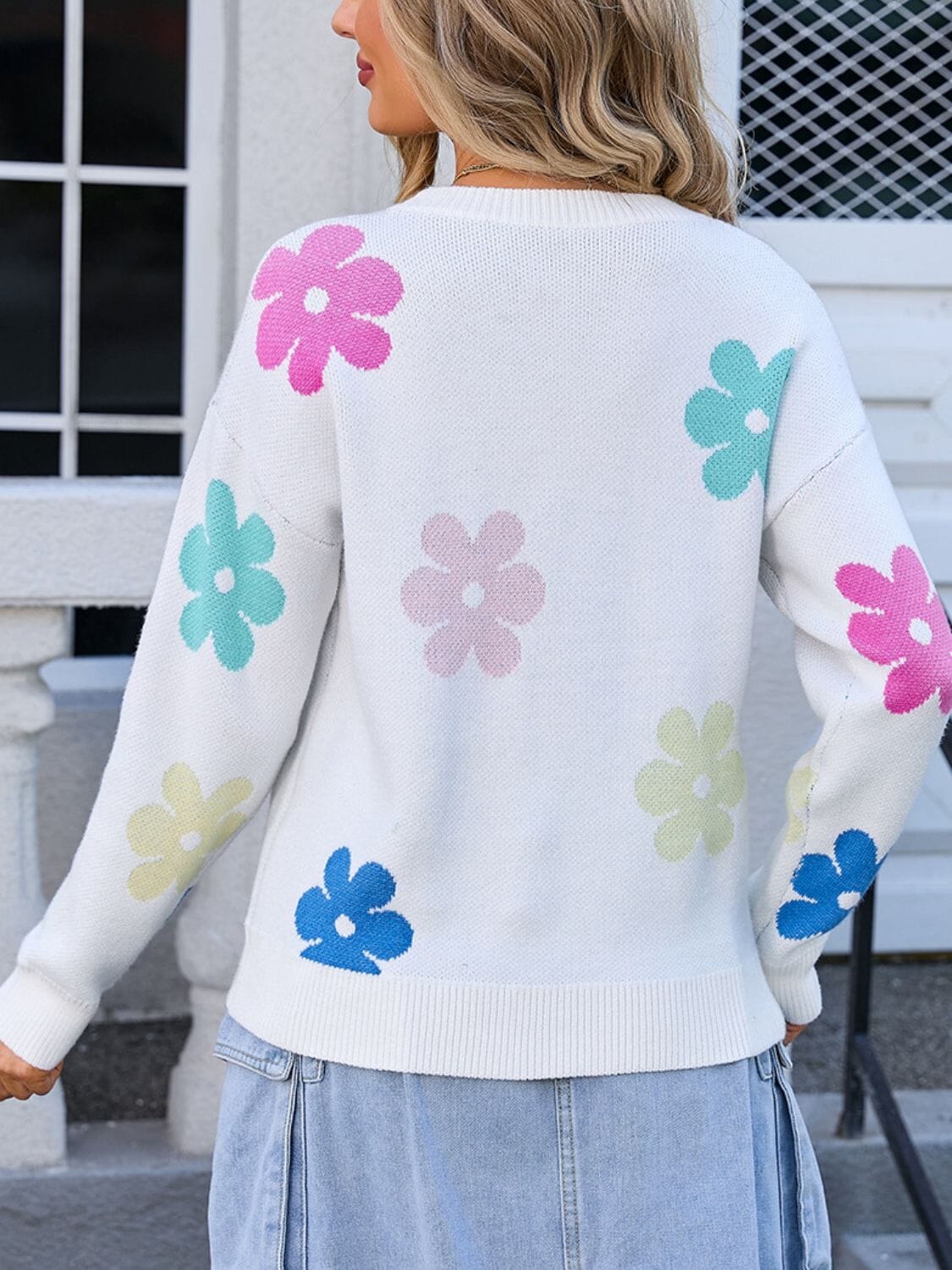 Flower Round Neck Long Sleeve Sweater - Sydney So Sweet