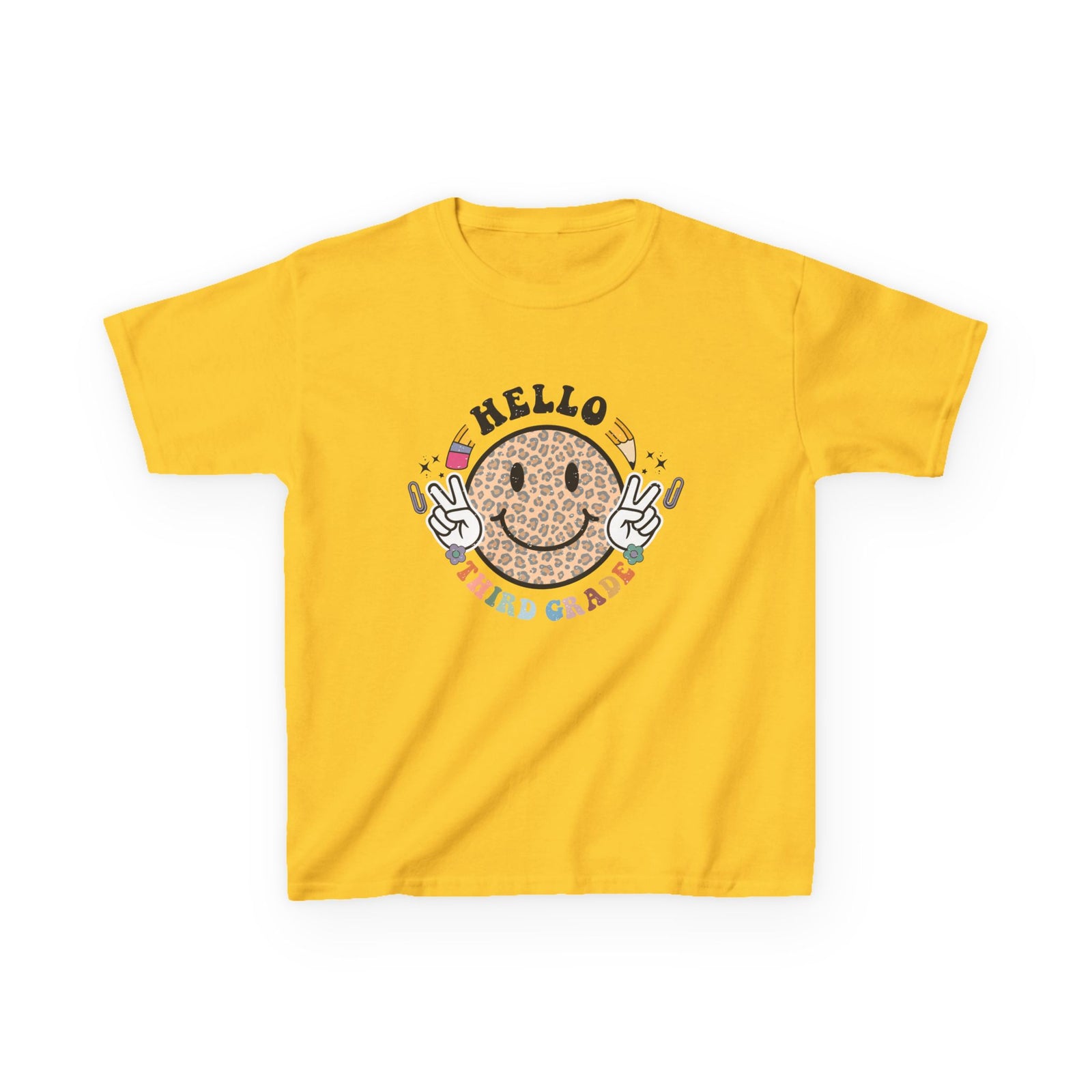 Third Grade Cheetah Smiley Face Graphic Tee Back-to-School 3rd Grade Kids T-Shirt