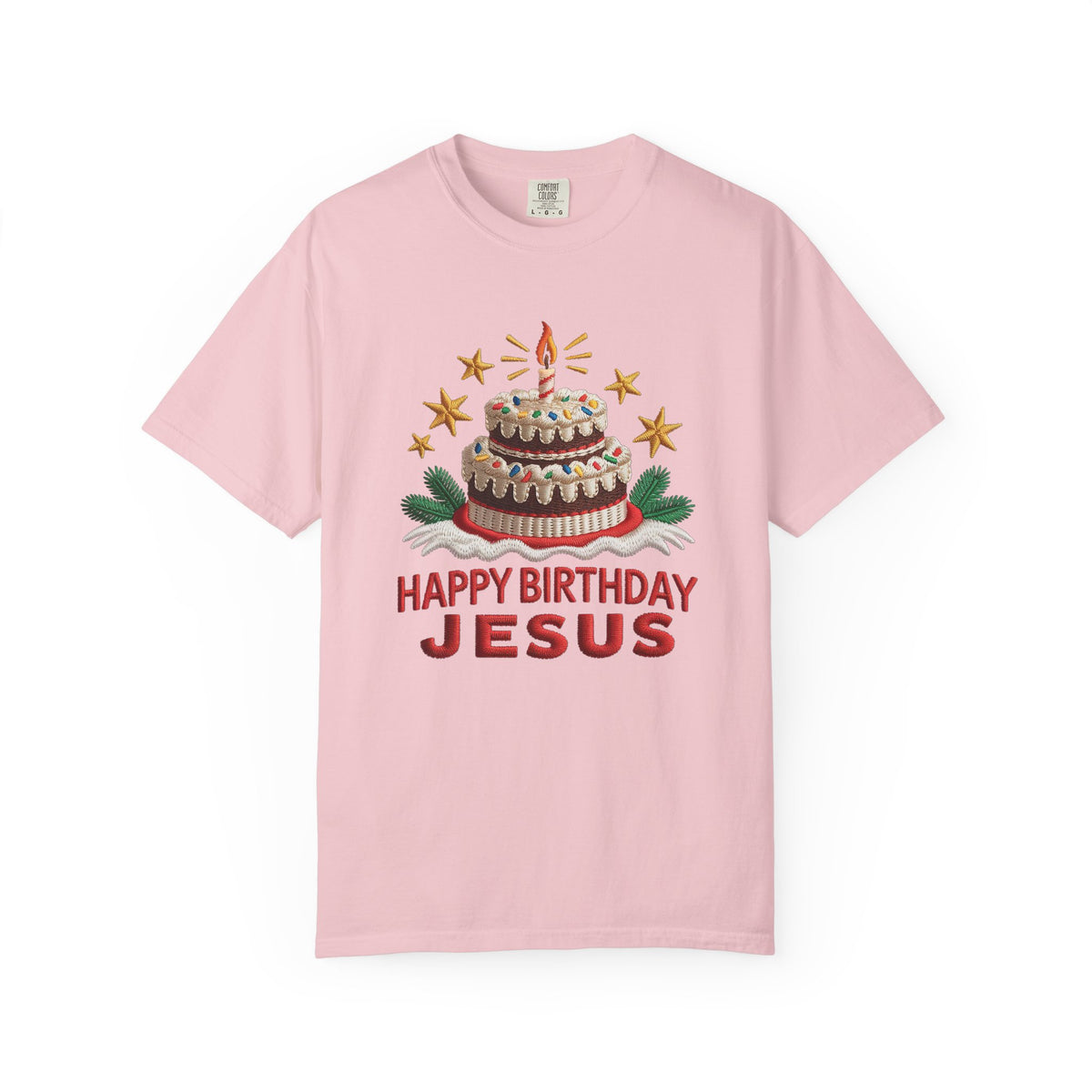 Happy Birthday Jesus Birthday Cake Faux Embroidery Tee Christmas Graphic T-Shirt