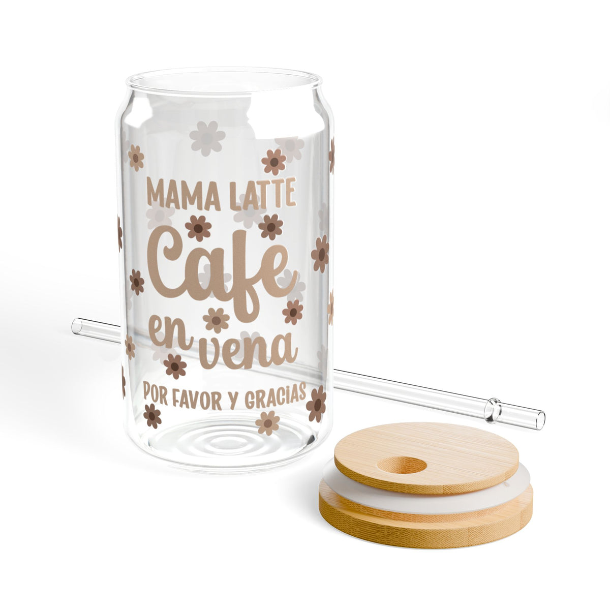 Mama Latte Tumbler Sipper Glass 16oz — Reusable Drink Jar with Lid & Straw
