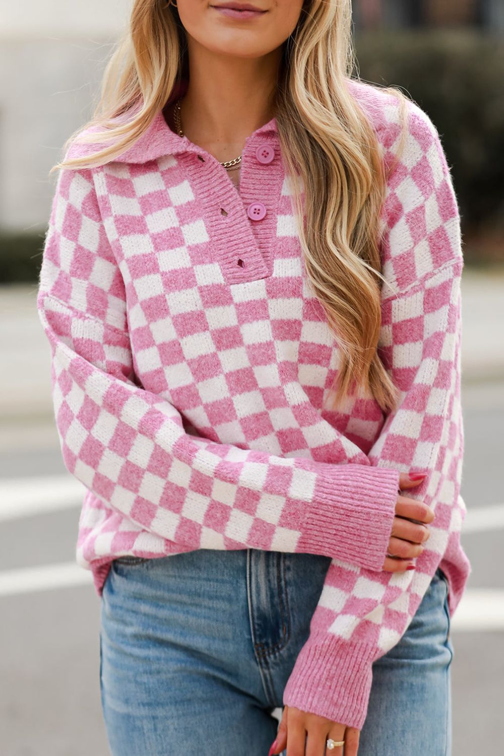 Checkered Collared Neck Long Sleeve Sweater - Sydney So Sweet