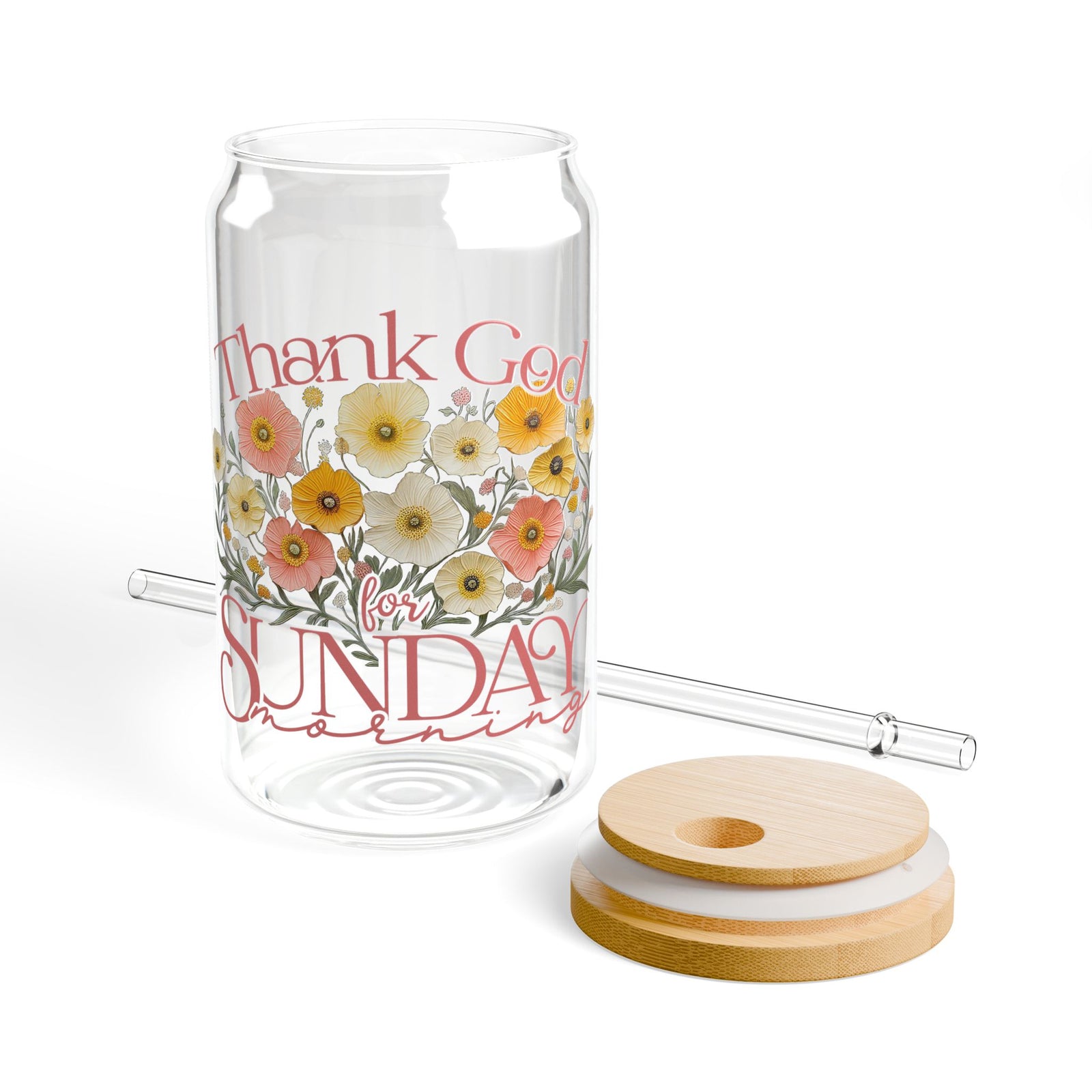 Thank God For Sunday Morning Christian Sipper Glass 16oz Reusable Drink Jar with Lid & Straw