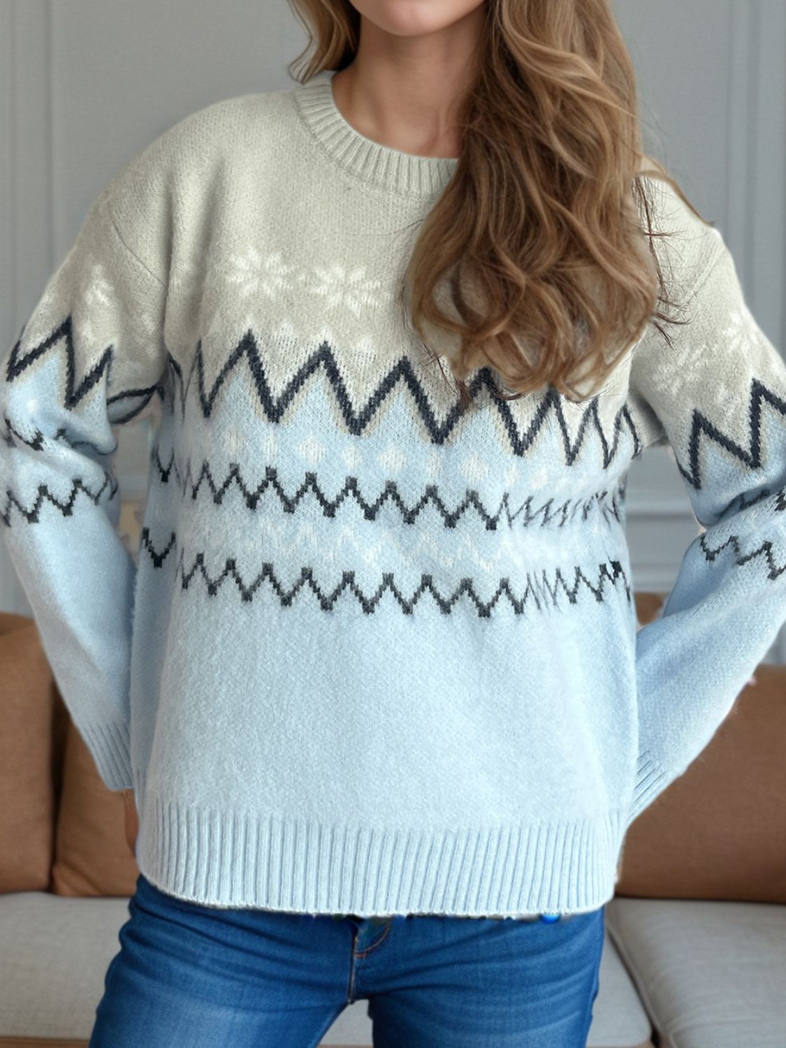 Chevron Contrast Round Neck Long Sleeve Sweater - Sydney So Sweet