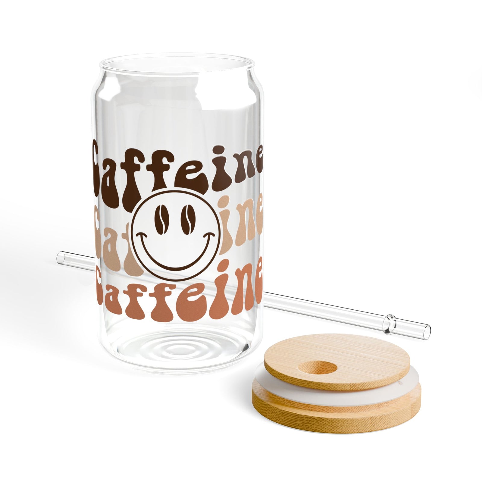 Caffeine Smile Sipper Glass 16oz Reusable Drink Jar with Lid & Straw