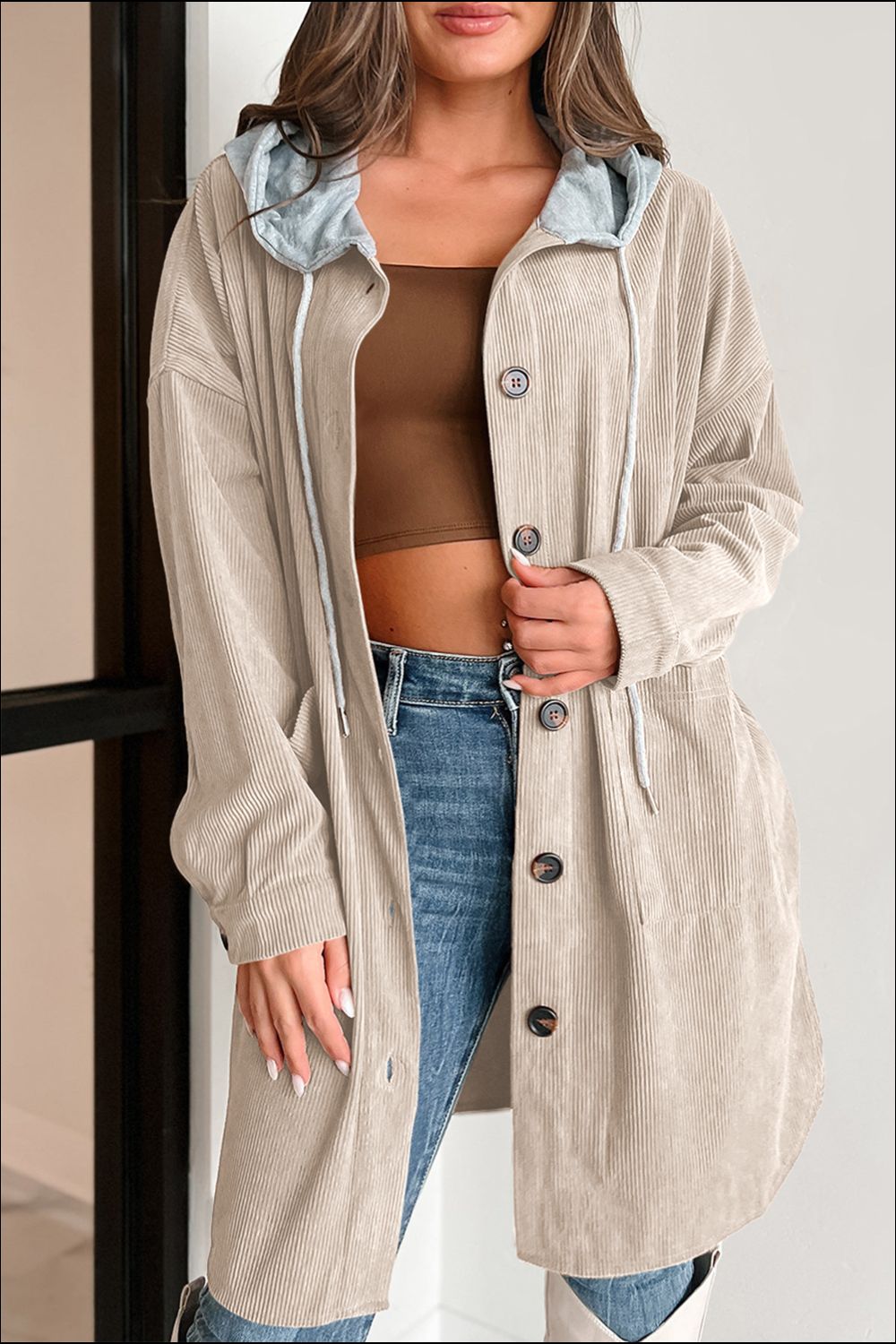 Drawstring Button Up Long Sleeve Hooded Jacket - Sydney So Sweet