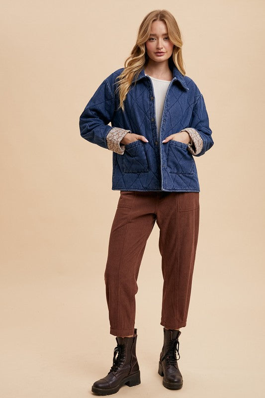 Annie Wear Quilted Printed Lining Snap Down Denim Jacket - Sydney So Sweet