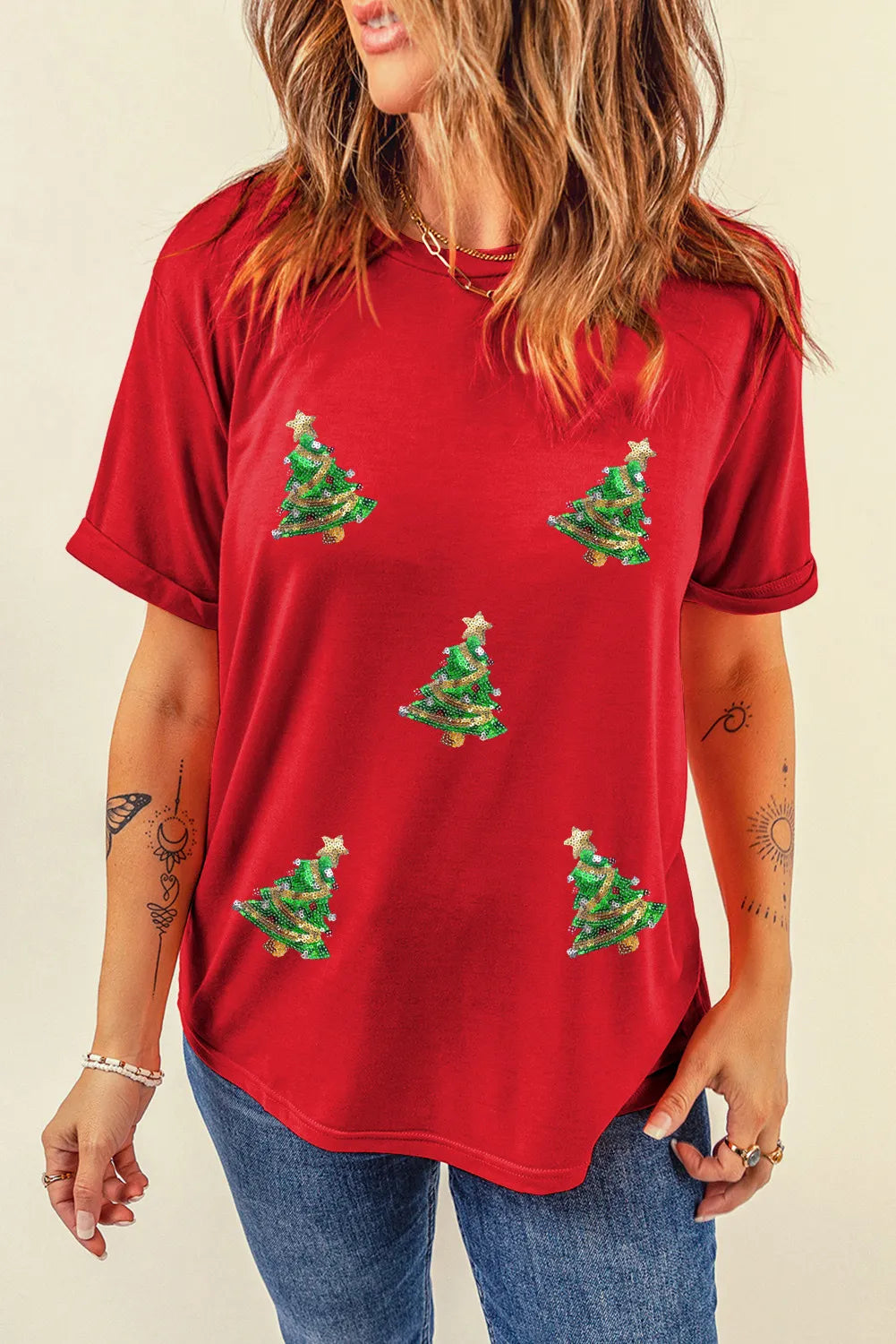 Sequin Christmas Tree Round Neck Short Sleeve T-Shirt - Sydney So Sweet