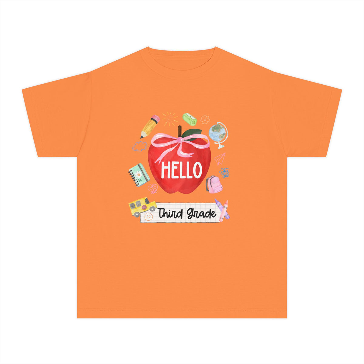 Hello Third Grade Preppy Coquette Apple Graphic Tee Back to School 3rd Grade T-Shirt