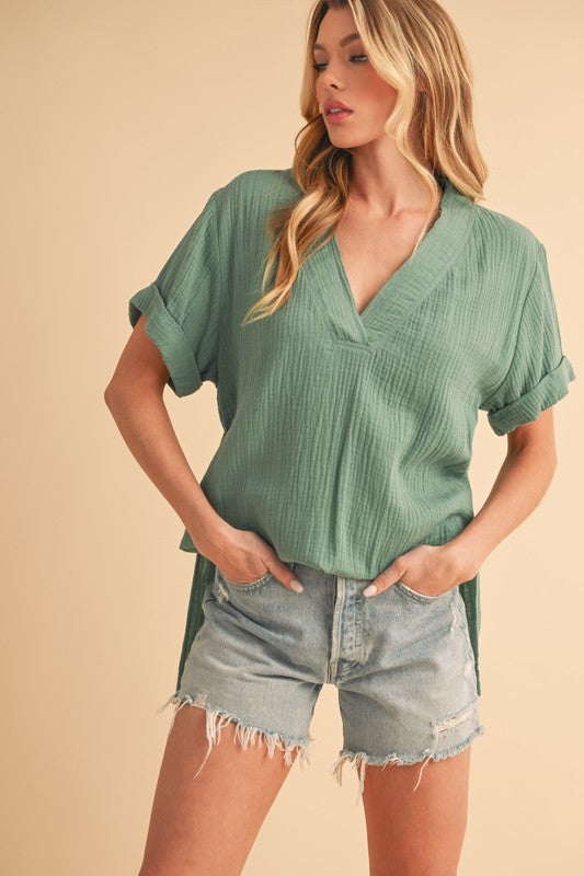 Aemi + Co Side Slit V-Neck Short Sleeve Blouse - Sydney So Sweet