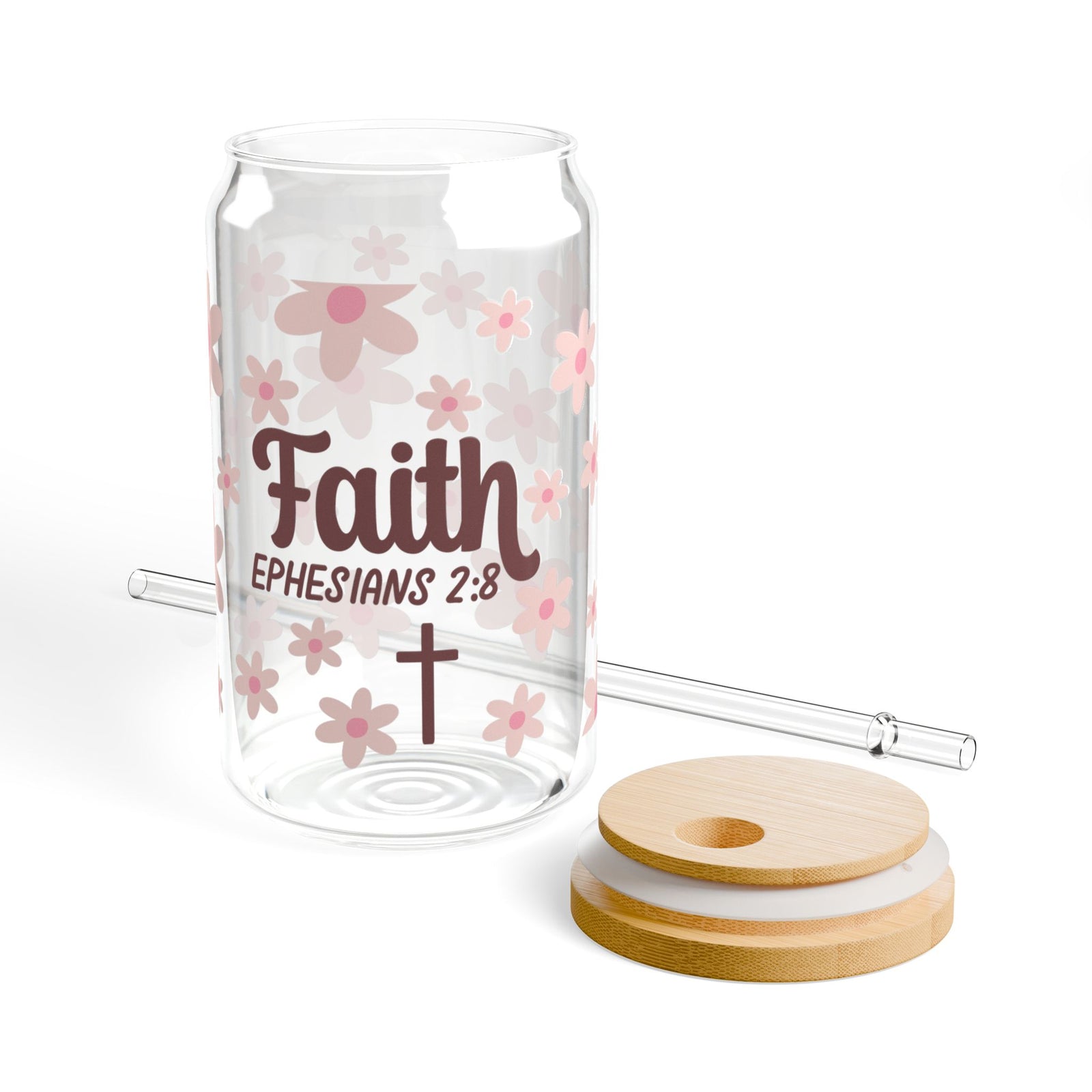 Faith Ephesians 2:8 Floral Christian Tumbler Sipper Glass 16oz — Reusable Drink Jar with Lid & Straw