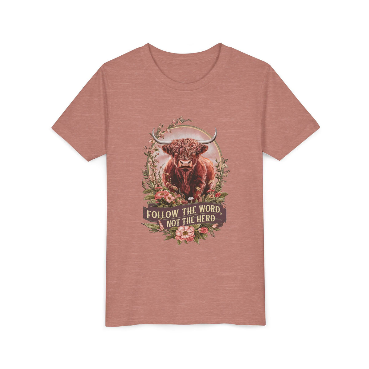 Follow the Word Not the Herd Kids T-Shirt Highland Cow Christian Graphic Tee