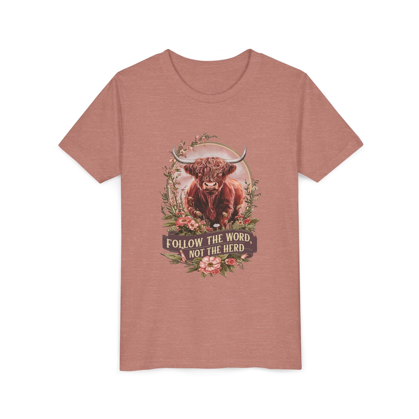 Follow the Word Not the Herd Kids T-Shirt Highland Cow Christian Graphic Tee