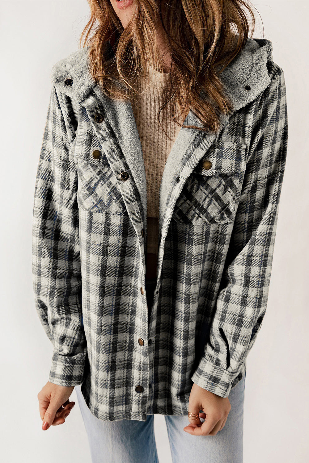 Plaid Snap Down Hooded Jacket - Sydney So Sweet