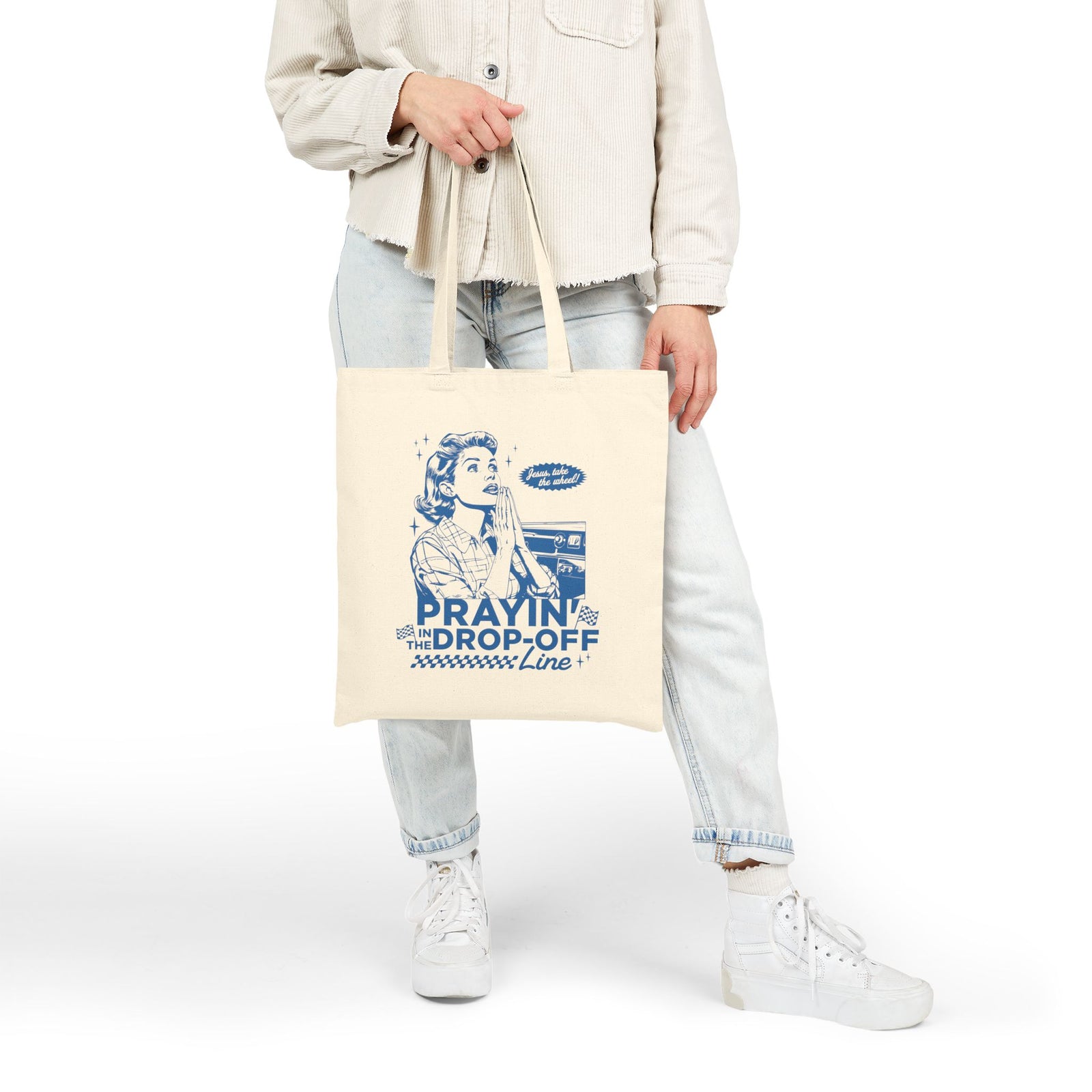 Prayin' in the Drop-Off Line Christian Mom Cotton Canvas Tote Bag