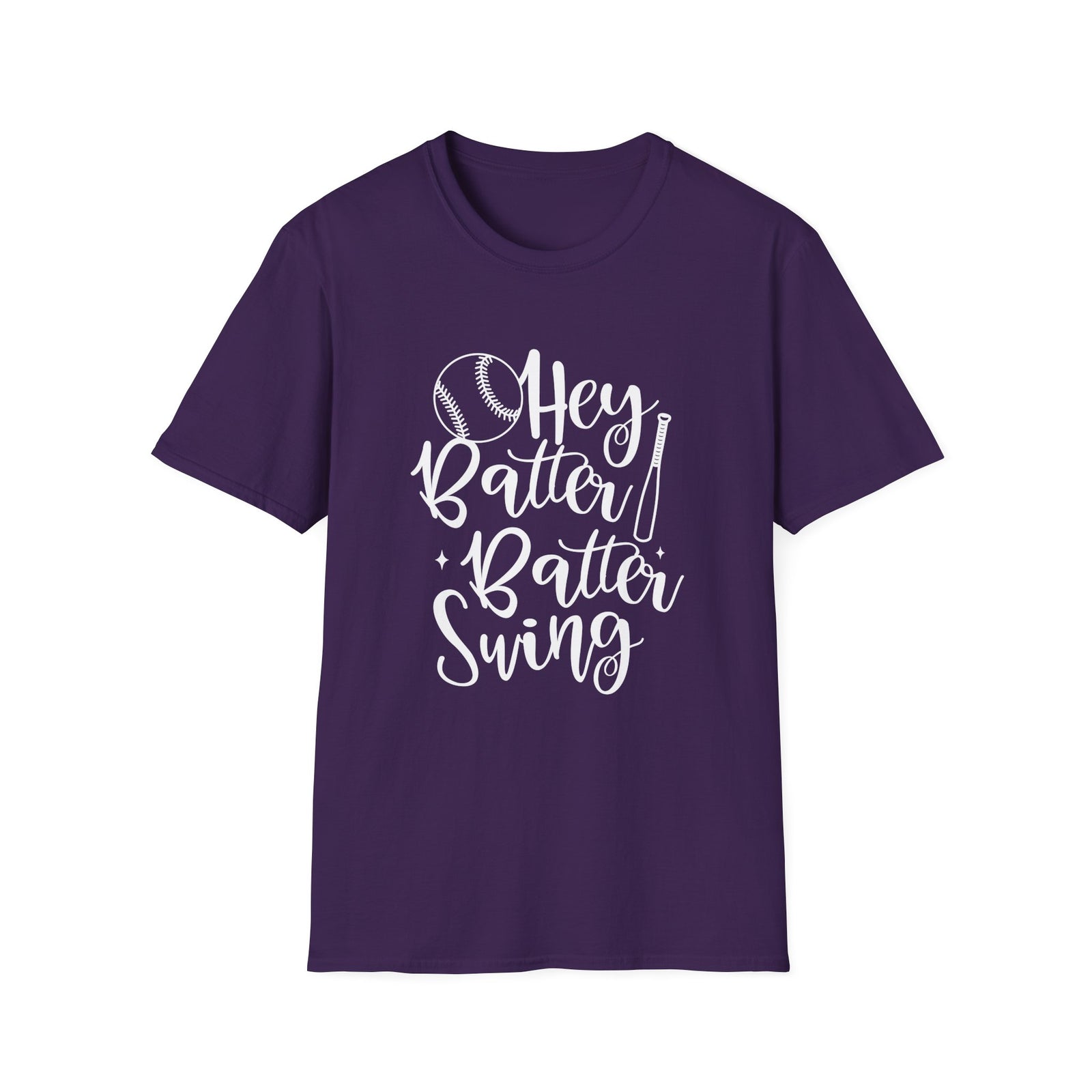 Hey Batter Batter Swing Baseball Graphic T-Shirt Cute Sports Mom Tee (12 Team Colors)