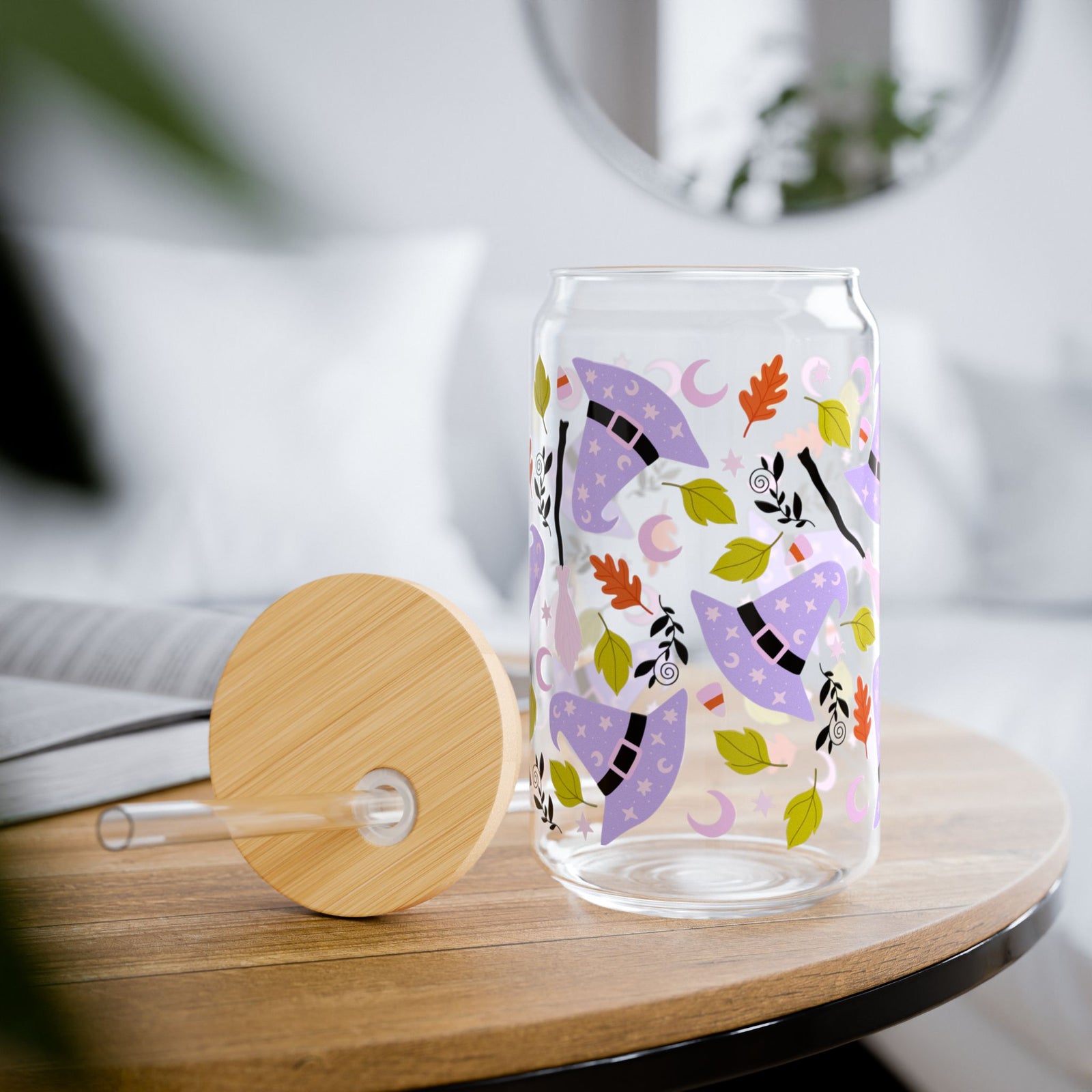 Witchy Lavender Witch Hat & Floral Fall Sipper Glass 16oz Reusable Drink Jar with Lid & Straw
