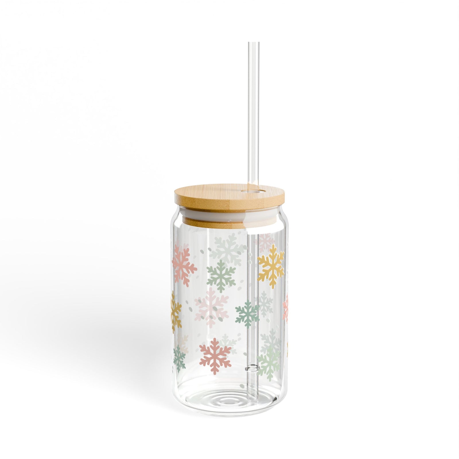 Pastel Snowflake Winter Christmas Sipper Glass 16oz Reusable Drink Jar with Lid & Straw