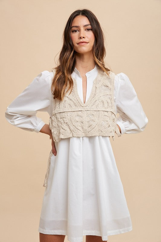 Annie Wear Crochet Vest Notched Long Sleeve Shirt Dress - Sydney So Sweet