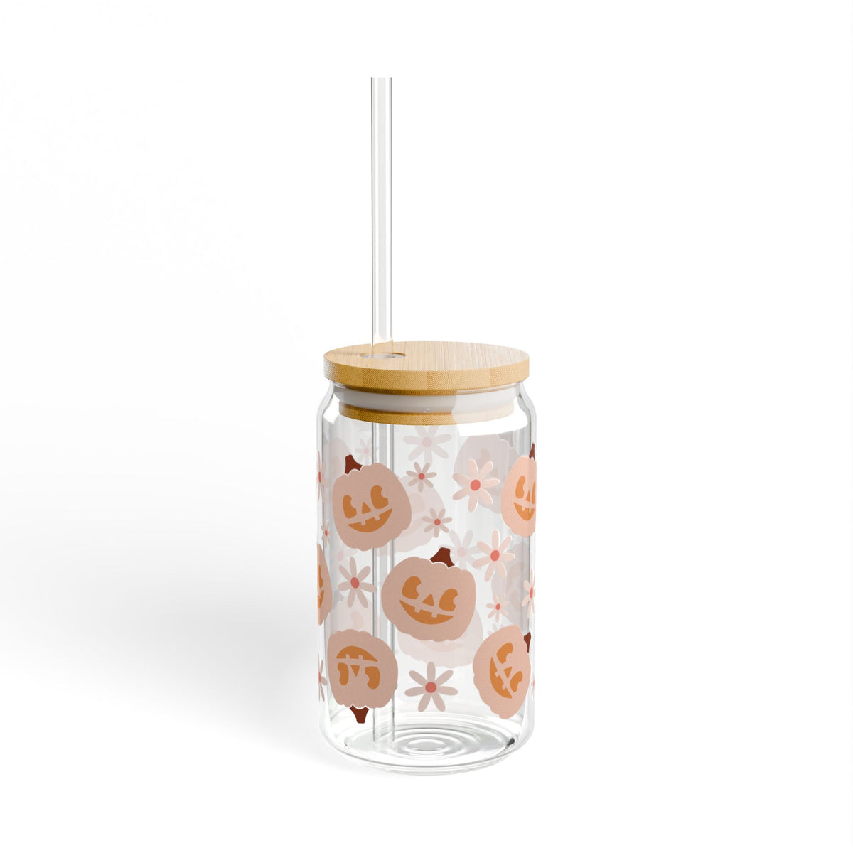 Pumpkin Patch Smiles Halloween Sipper Glass 16oz Reusable Drink Jar with Lid & Straw